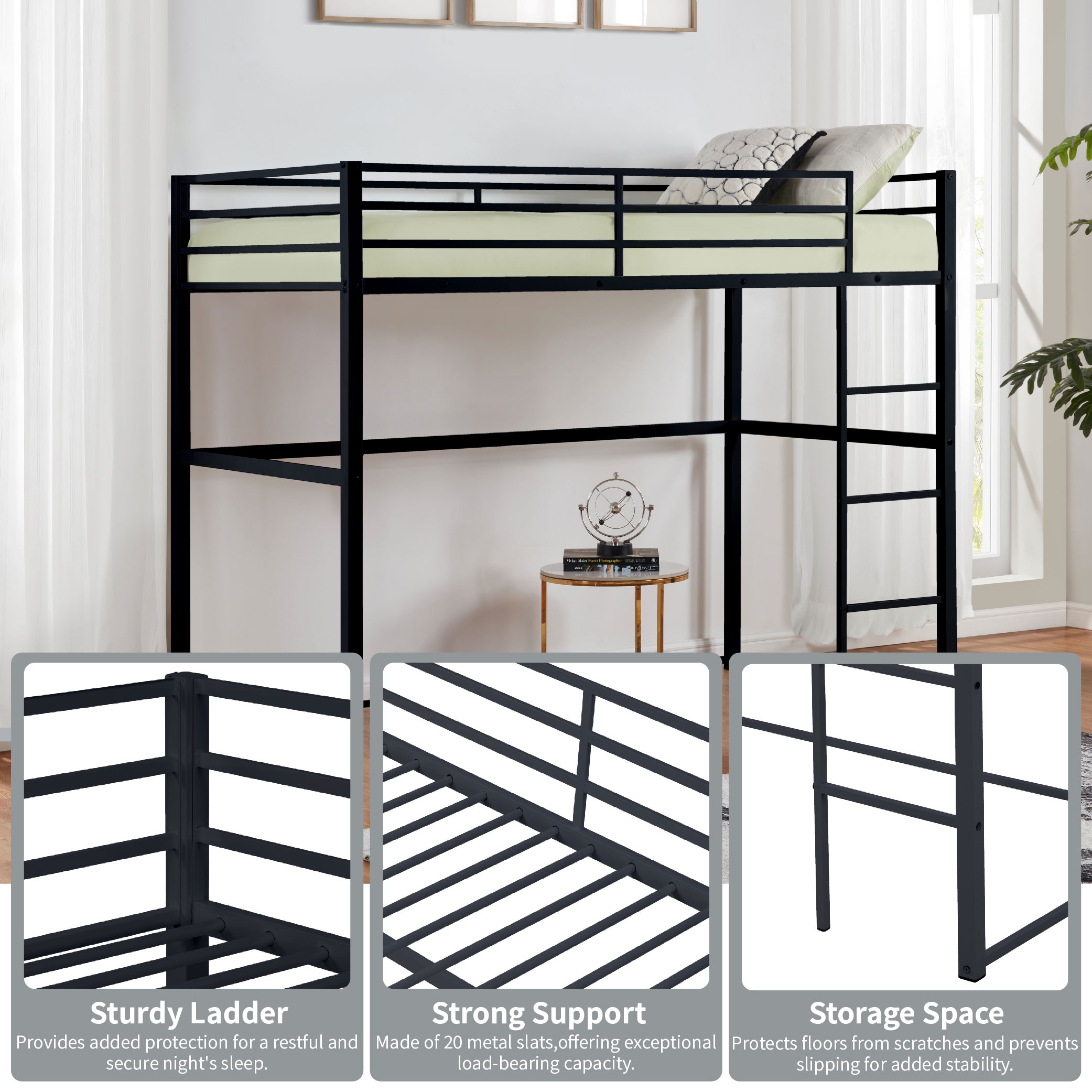 Metal Loft Bed Full Size, Loft Bed Frame with Safety Guard Rails & Flat Ladder, Twin Loft Bed for Kids Teens Adults, Black Metal Loft Bed Full Size, Loft Bed Frame with Safety Guard Rails & Flat Ladder, Twin Loft Bed for Kids Teens Adults, Black